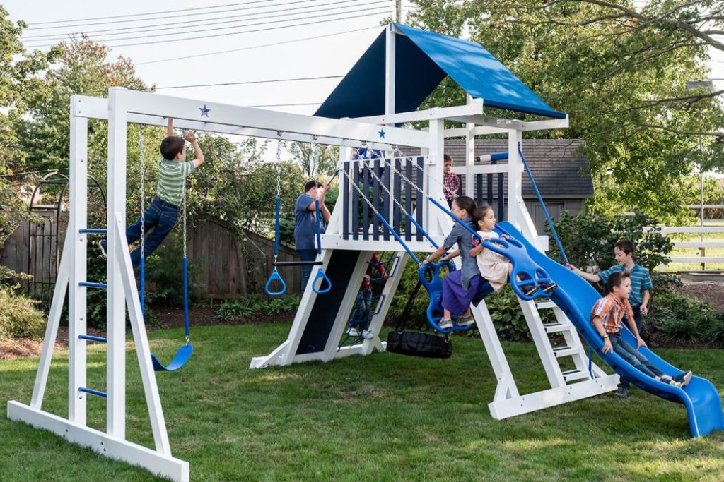 Starburst vinyl playset with monkey bars shown in blue