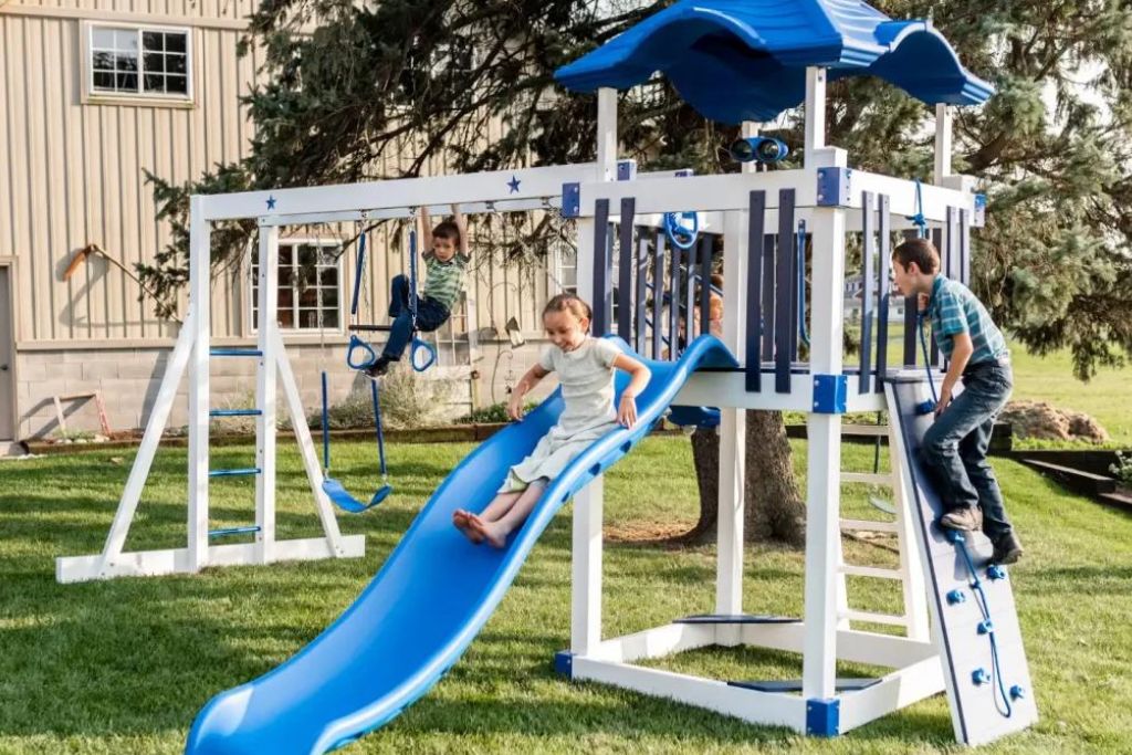 Blue Vinyl Shooting Star Climber swingset with monkey bars