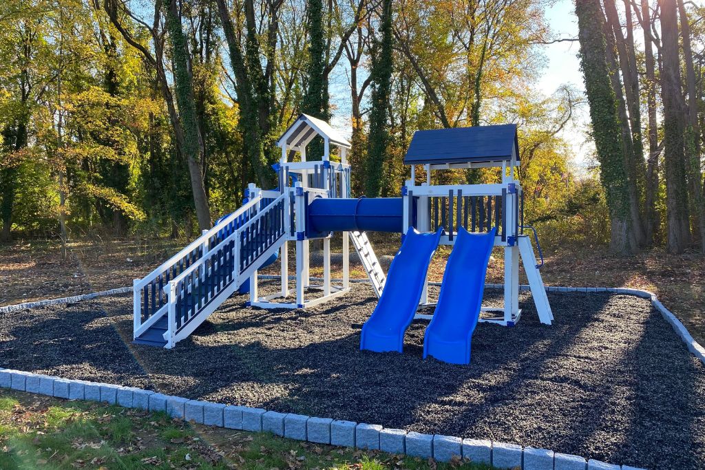 blue and white vinyl outdoor playset