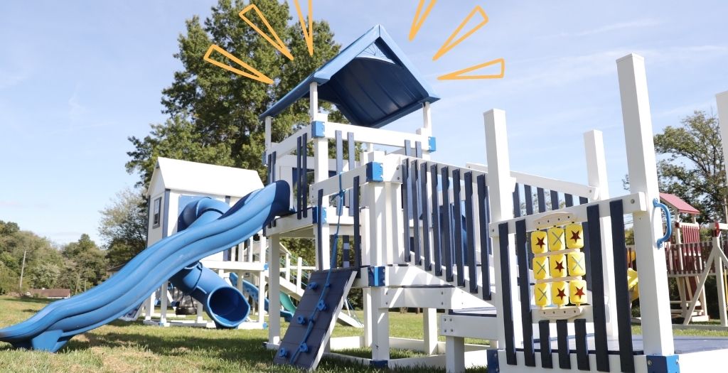 big kid swingset in blue and white vinyl