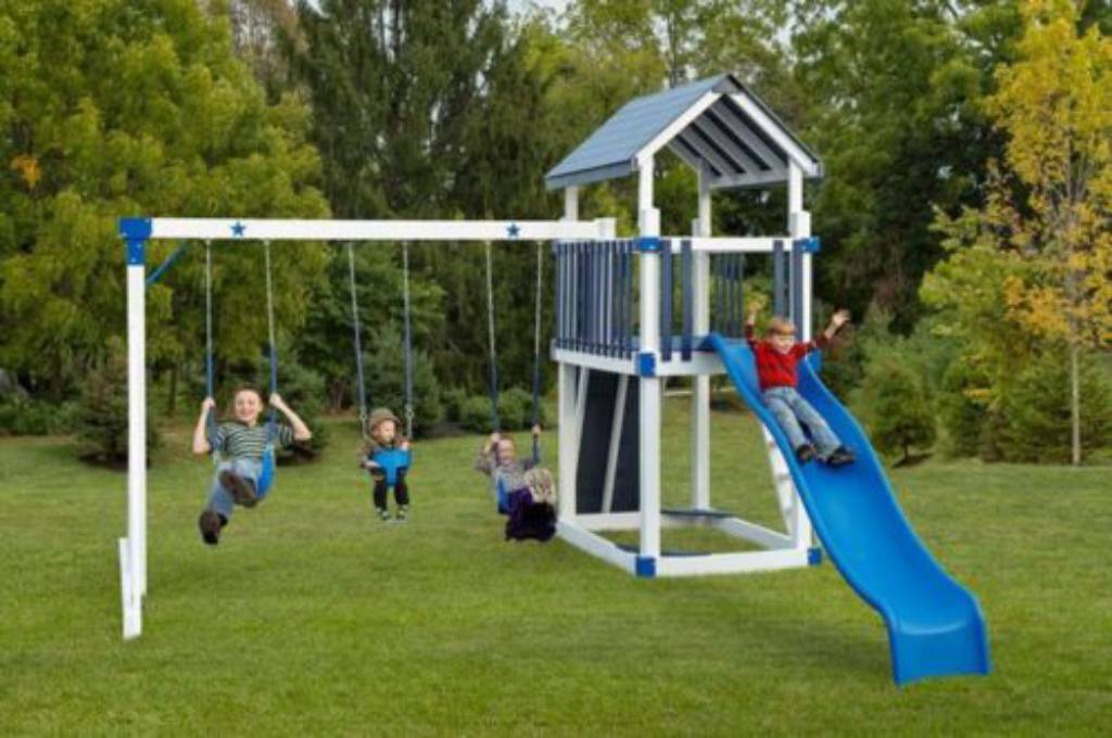 kids playing on blue playset and swing set option called solar