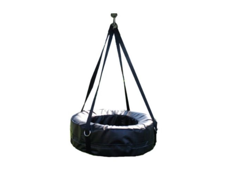 a black tire swing with sturdy straps, designed for hanging from a support structure on a swing set