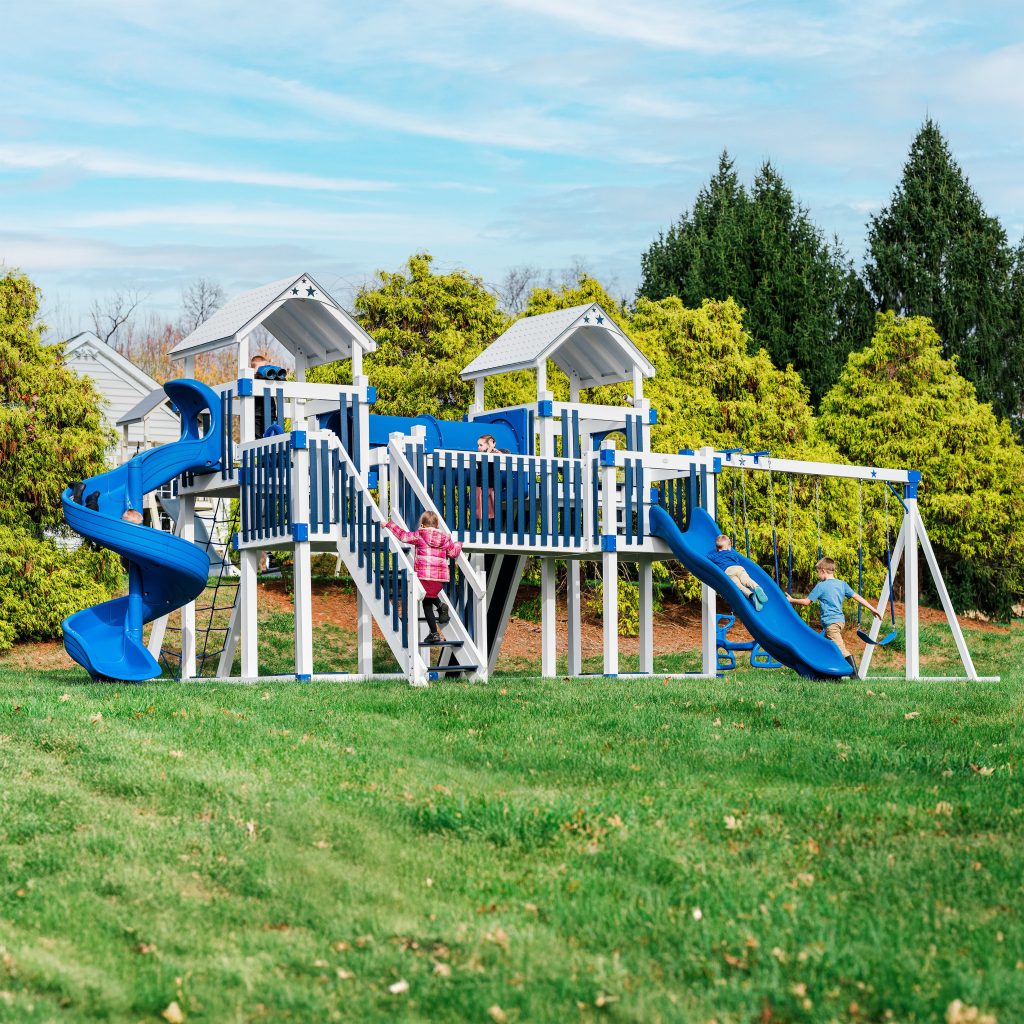 blue and white milky way climber swingset from star quality swing sets