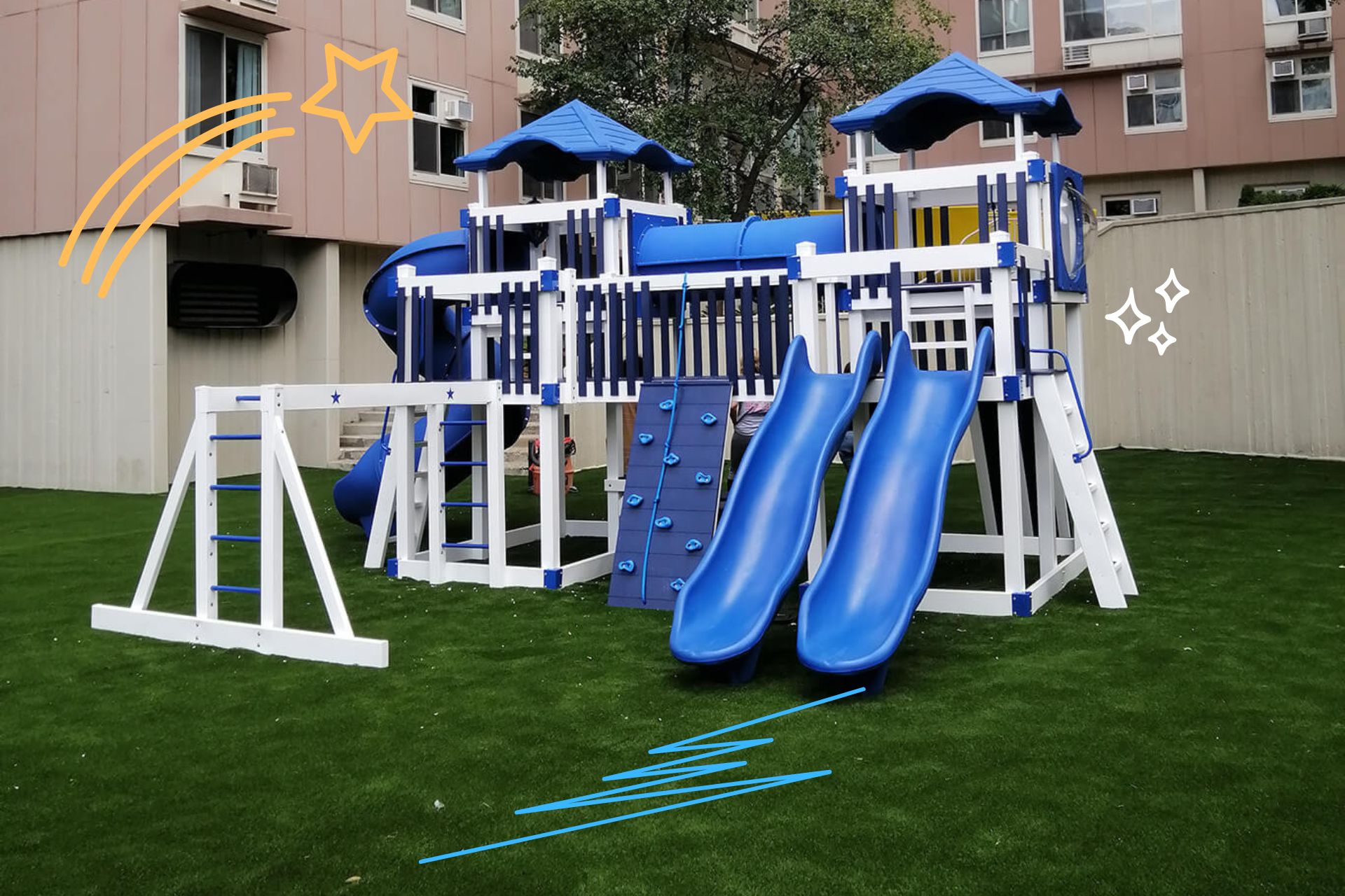 custom built swing set with double slides