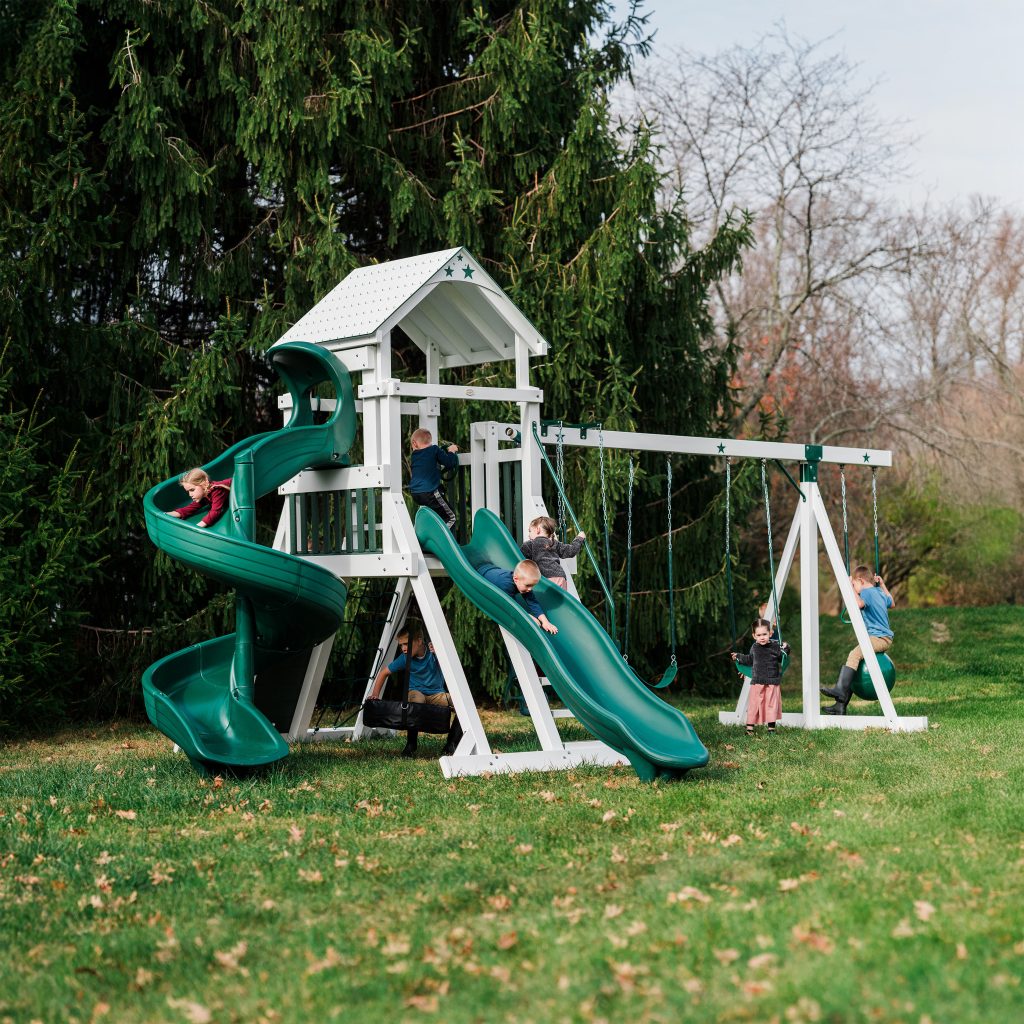 Green and white colored Galaxy Explorer swing set from star quality swing sets