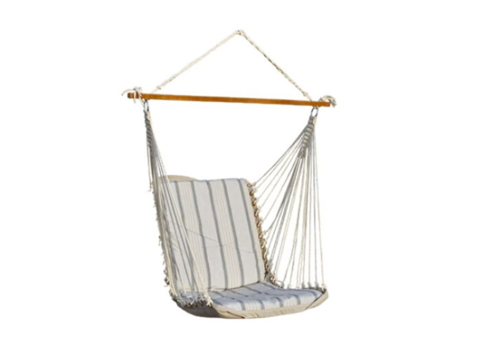 white and blue striped hammock swing hanging from a wooden beam for a swing set