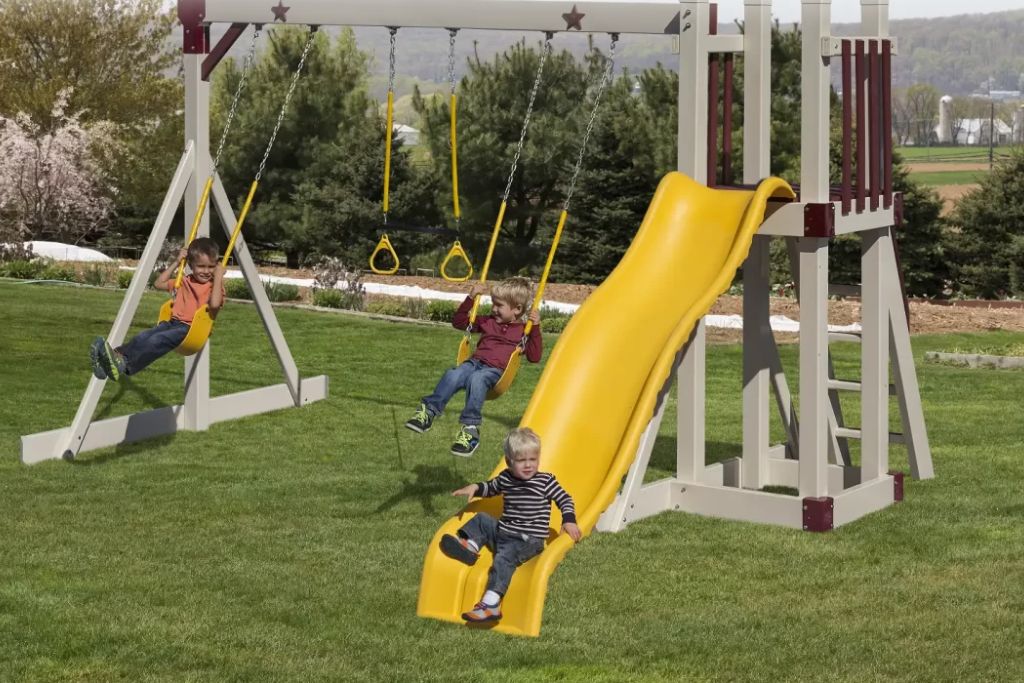 outdoor small play structures with red and yellow vinyl 